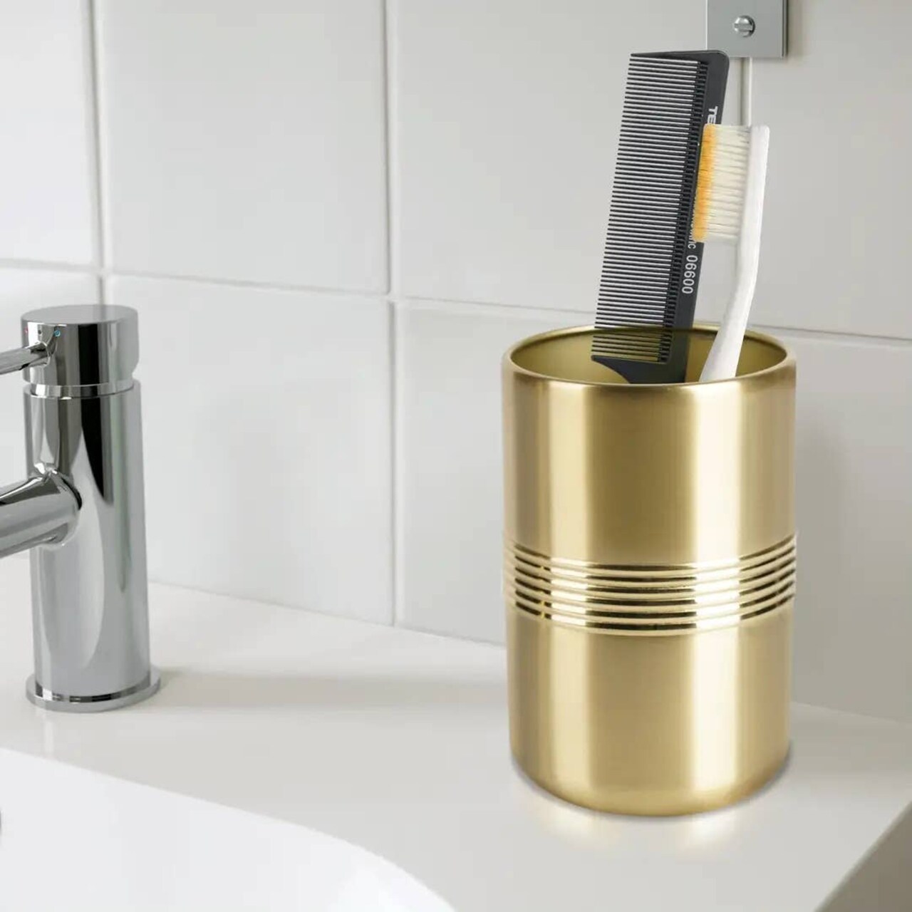 Stainless Steel Bathroom Tumbler Cup | Decorative Rinse Cup,Drinking Glass,Toothbrush & Makeup Brush Holder for Vanity Countertops,Sink & Desk | Gold Finsih